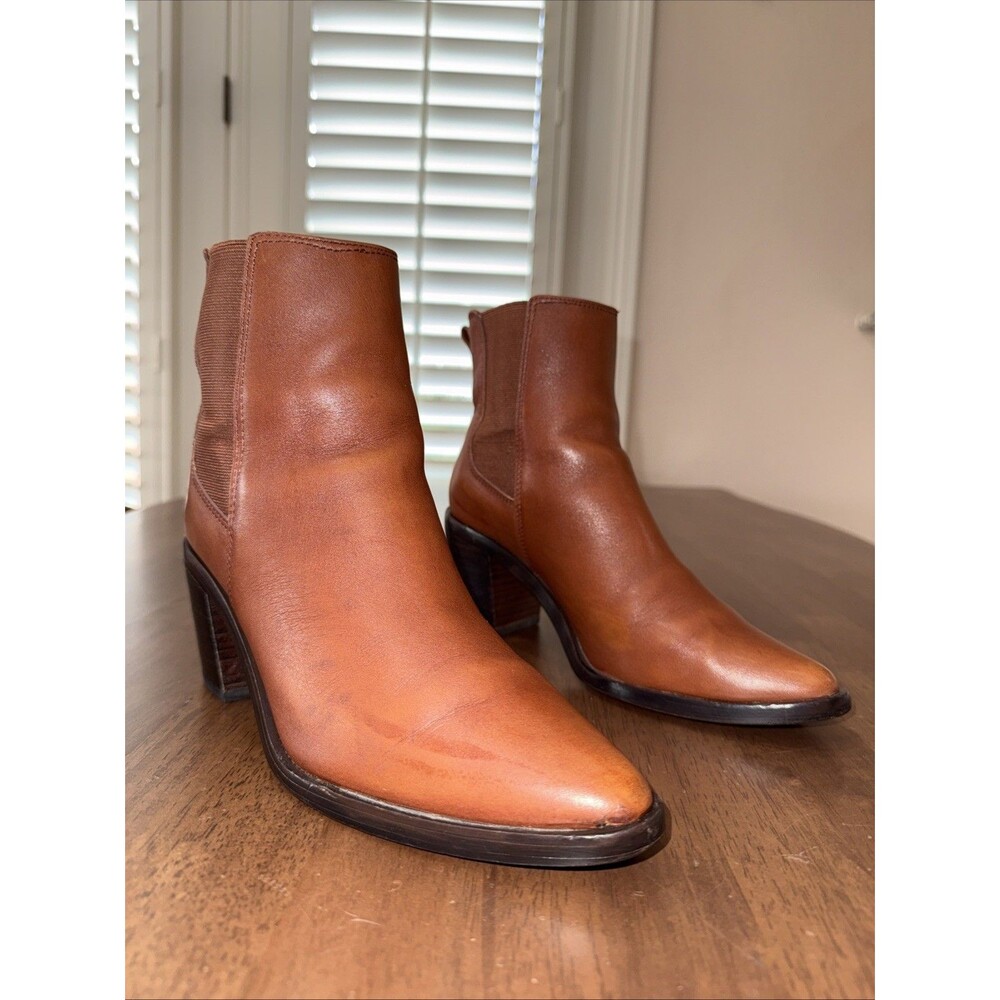 Madewell Chelsea Ankle Boots Women 7.5 Cognac Leather Pointed Toe Block Heel